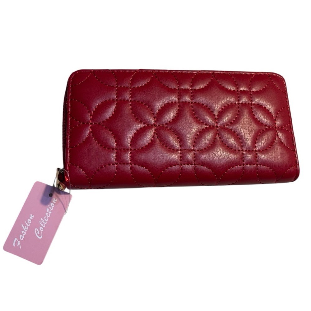 NWT Wallet Ruby Red Quilted Embroidered pattern Gold-Tone Zipper